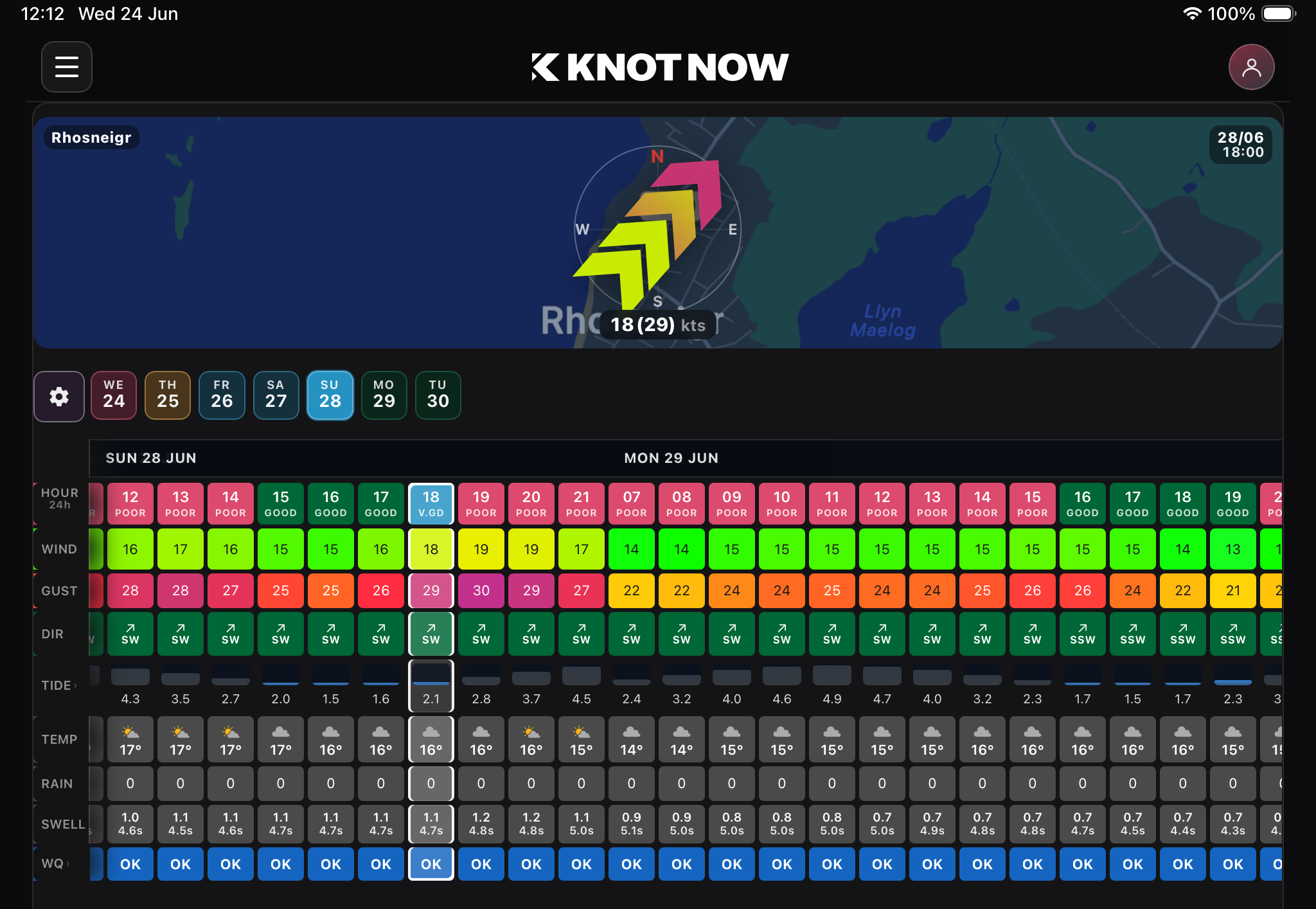 KnotNow spot forecast detail for Rhosneigr showing hourly ratings, wind, gust, direction, tide, and water quality
