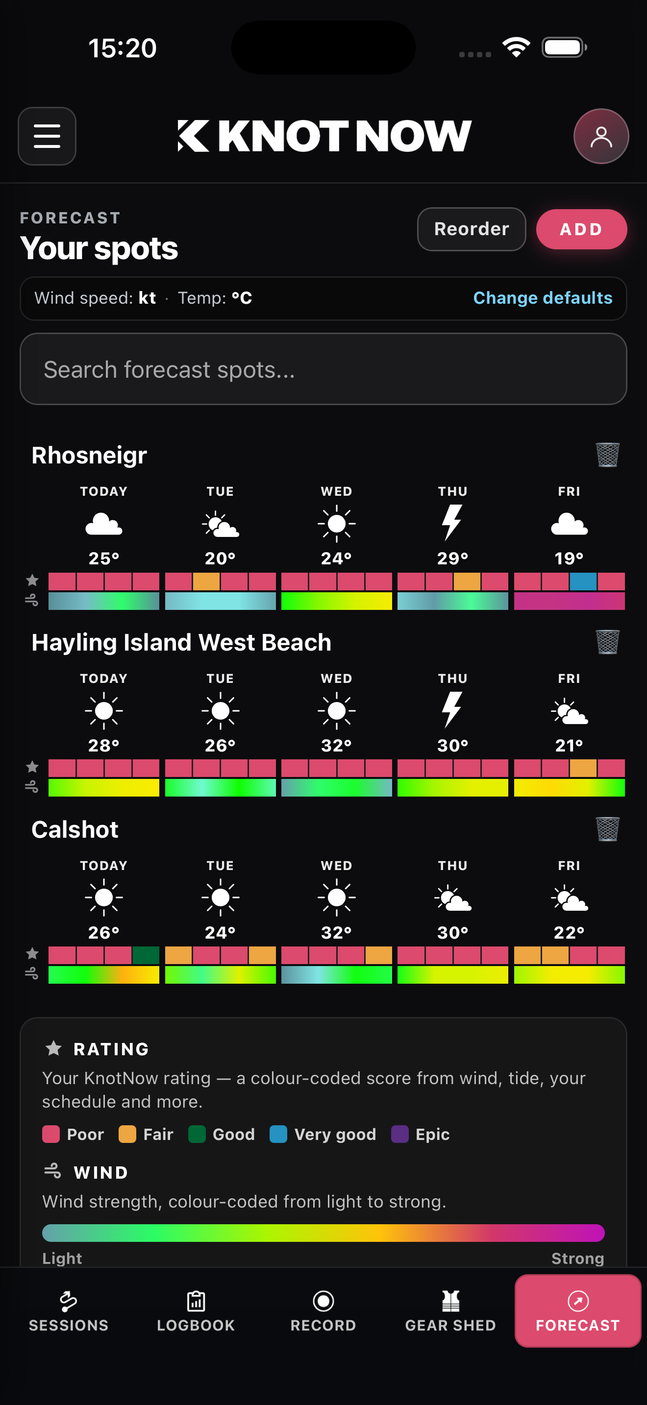 KnotNow favourites forecast list with colour-coded rating and wind strength bars per spot