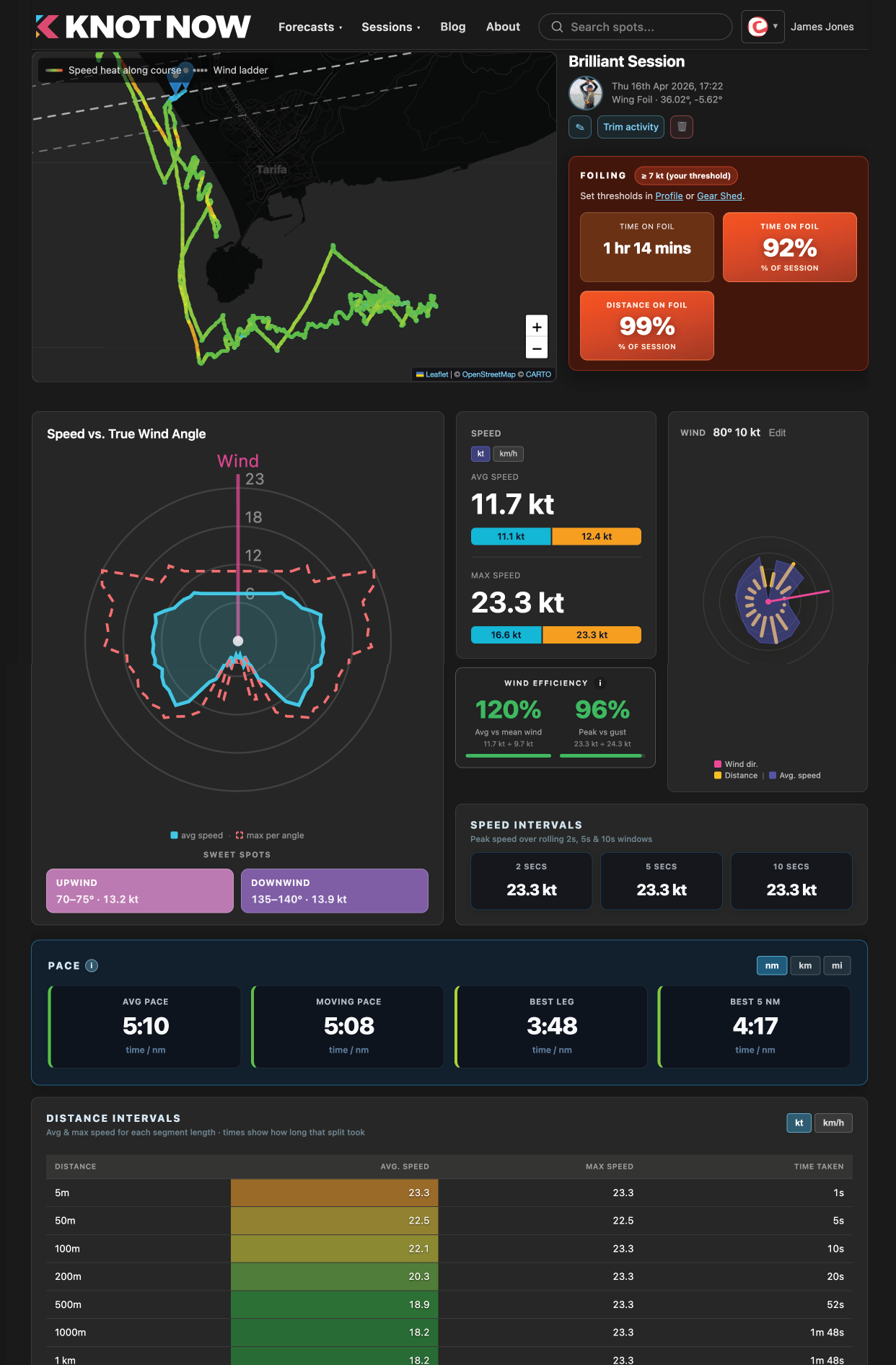 Long-view speed and foiling analysis in KnotNow Sessions.