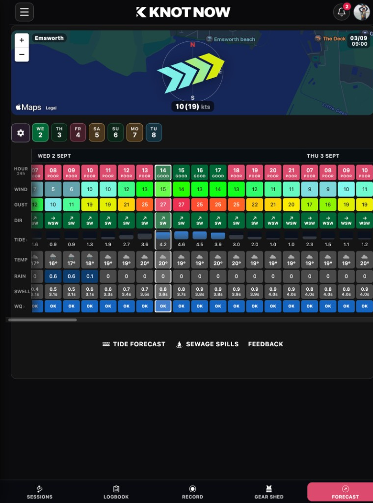 KnotNow Spot Detail view with hourly weather matrix and wind vector direction map
