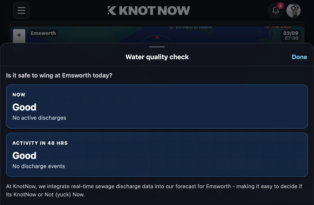 KnotNow water quality check with Now and next 48 hours outlook
