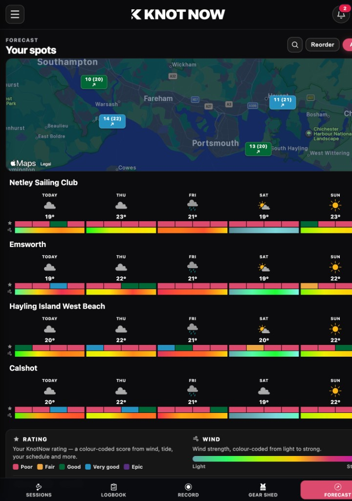 KnotNow Forecast hub showing Your spots map and five-day strips